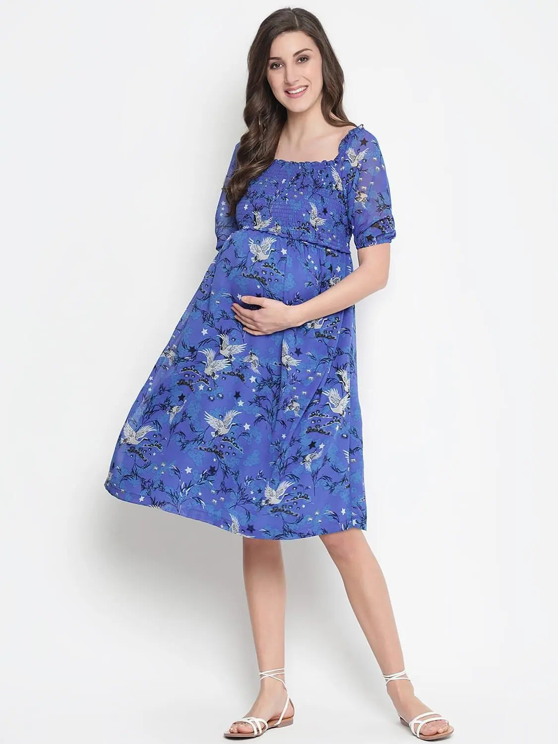 Women's Street Style Casual Wear Oxolloxo Chill Blue Floral Print Maternity Smocked Dress Women's Street Style Casual Wear Oxolloxo Chill Blue Floral Print Maternity Smocked Dress
