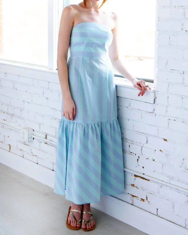 Glamorous Evening Wear Wyatt Strapless Rugby Stripe Dress In Blue