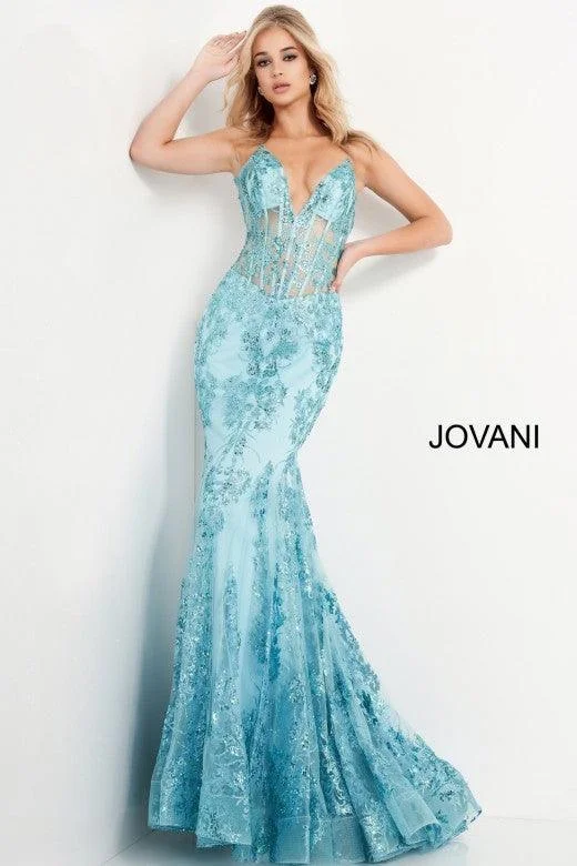 Workwear Fashion for Women Jovani 3675 Prom Long Spaghetti Straps Mermaid Gown Turquoise