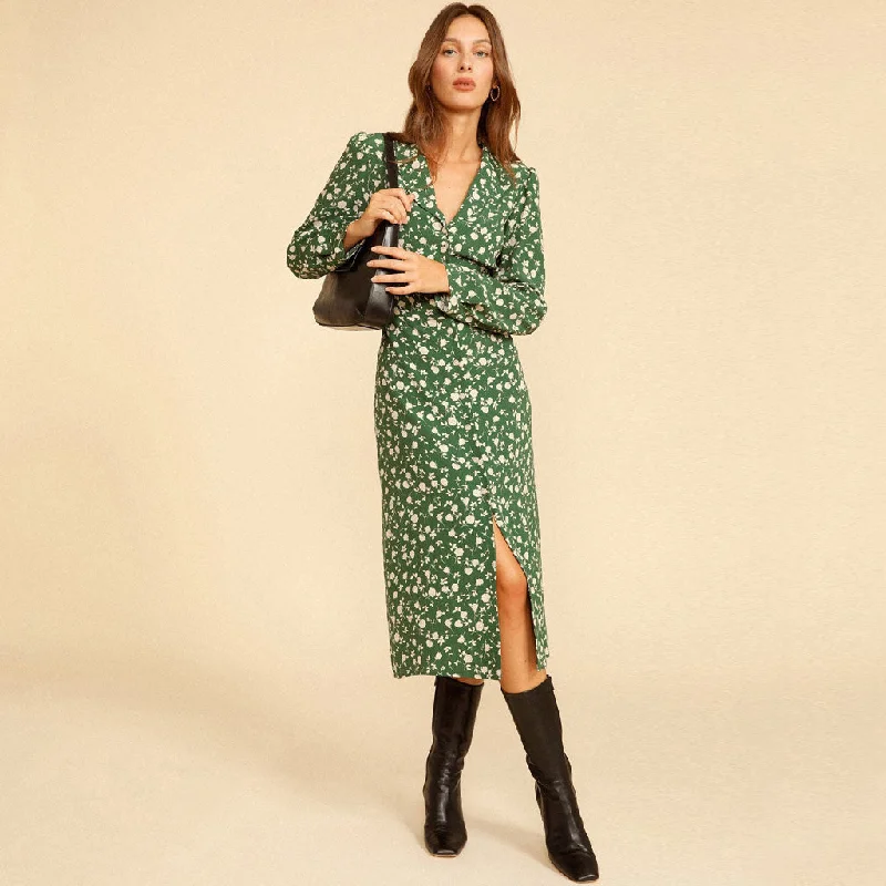 Women's Cozy Clothes Vintage Long Sleeve Button Front V Neck Midi Floral Dress - Green