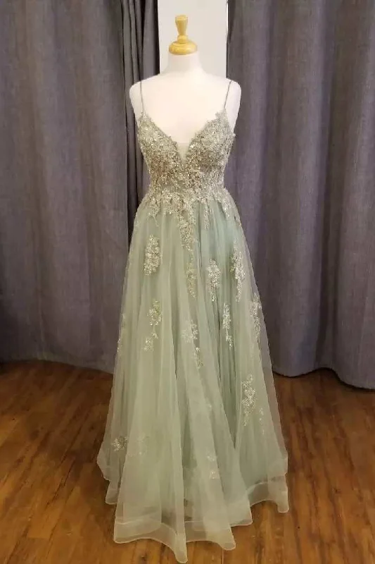 Women's Tops And Clothing Sage Green Floral Appliques Straps A-Line Prom Dress gh2639 Women's Tops And Clothing Sage Green Floral Appliques Straps A-Line Prom Dress gh2639
