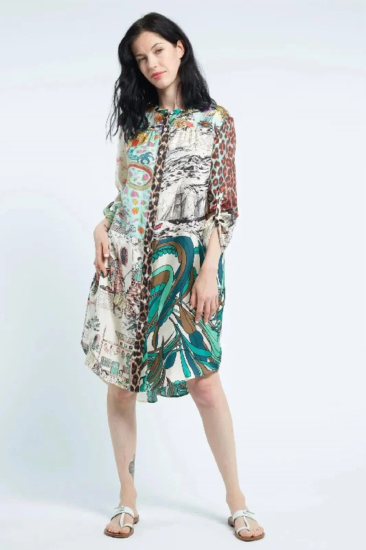 Flowing Silhouette Open It Dress In Mix Dragon Maroc Almonde