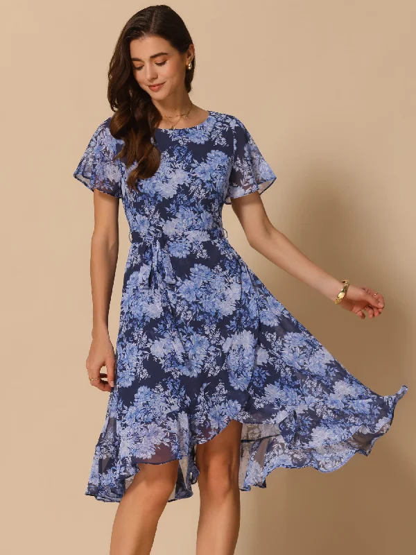 Luxury Women's Clothes Floral Midi High Low Hem Tie Waist Flowy Chiffon Dress