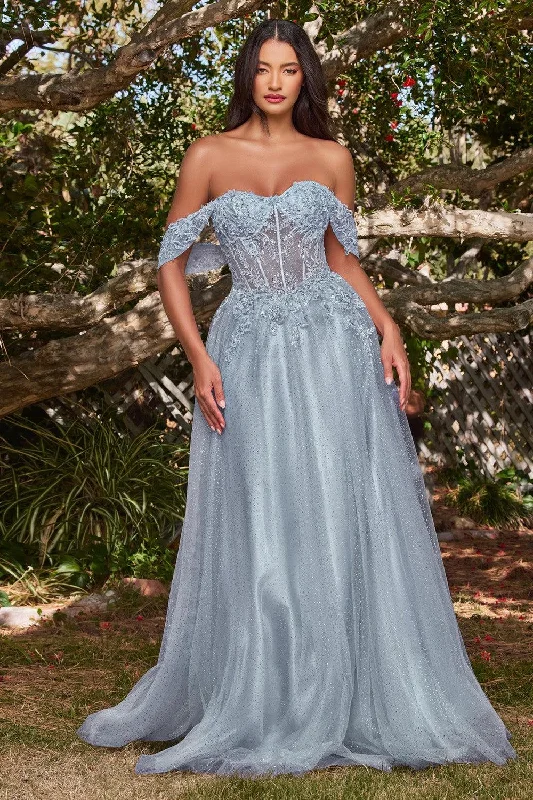 Women's Functional Outfit For Outdoor Activities Cinderella Divine CD0198 Off Shoulder Corset Long Prom Ball Gown Smoky Blue