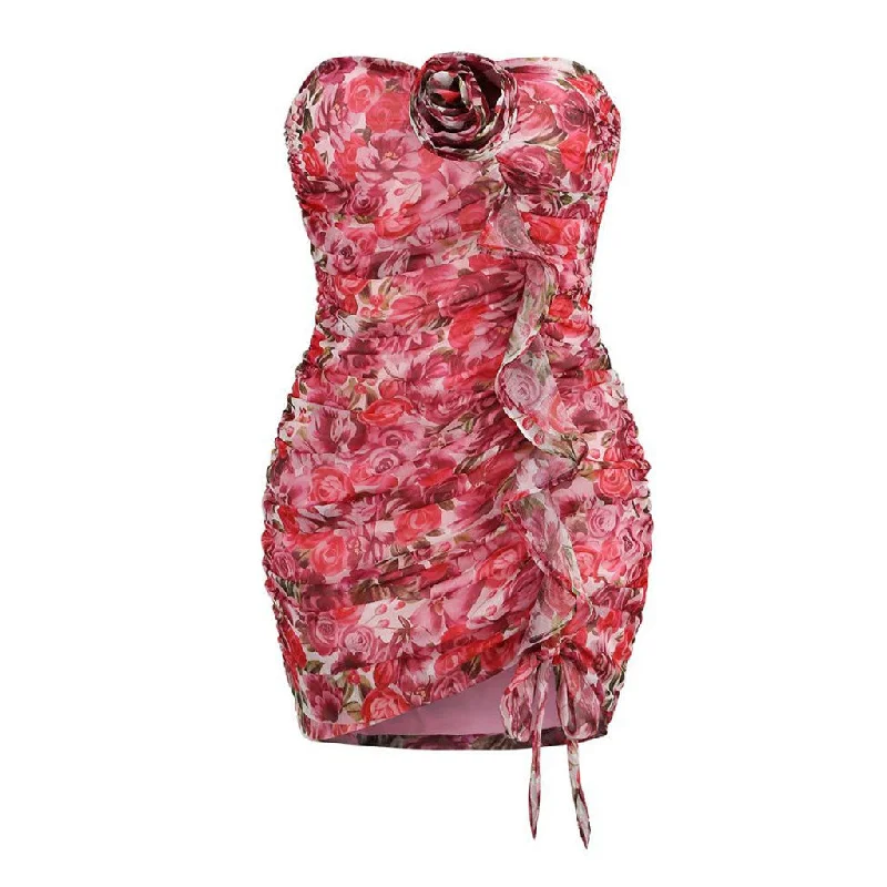 Casual Apparel For Women Feminine Floral Print Rosette Sweetheart Ruffle Trim Ruched Mini Tube Dress