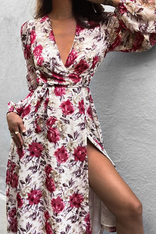 Women's Chic Apparel Seven Wonders The Label WOMENS FLORENCE LONG SLEEVE WRAP DRESS - BERRY FLORAL