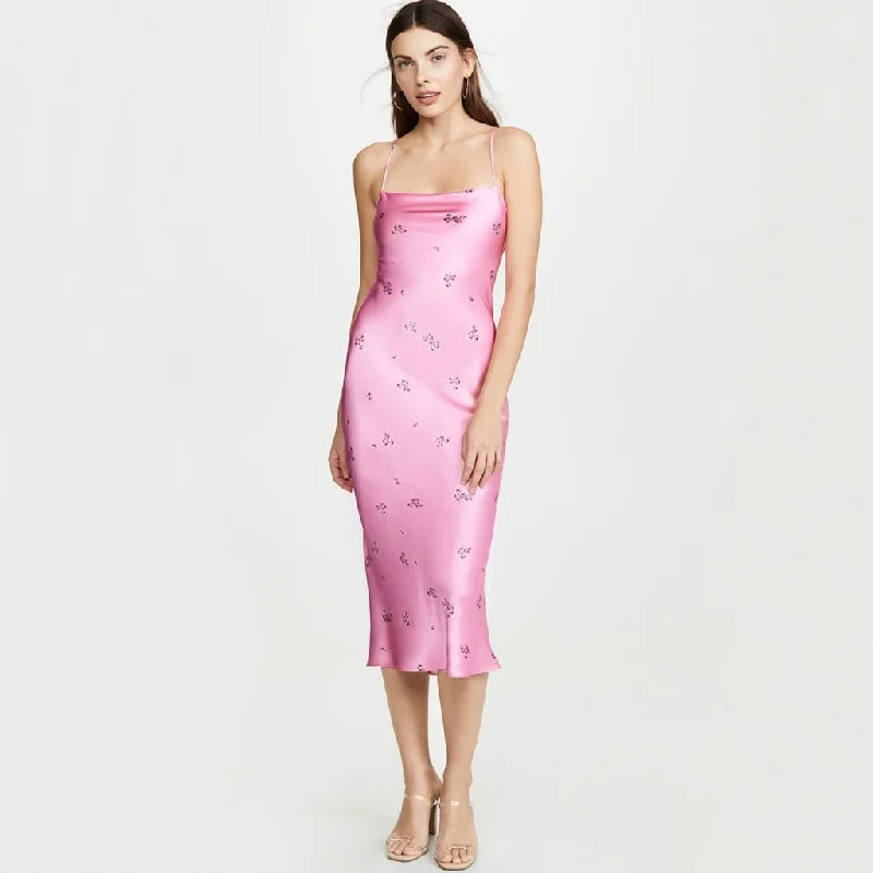 Women's Trendy Activewear Apparel Glossy Ditsy Floral Print Backless Satin Slip Midi Dress - Pink