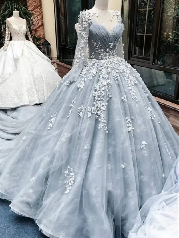 Casual Chic for Women Romantic light grey long sleeve floral long lace applique wedding dress prom dress evening gown gh2092