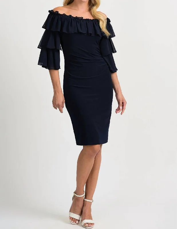 Style Revolution Layered And Sheer Cocktail Dress In Midnight Blue