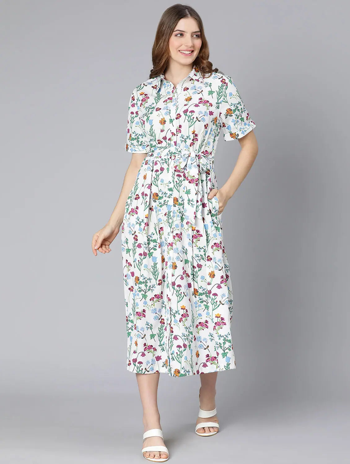 Women's Clothing Outfit Set Full Blown Floral Print Button Down Women Dress