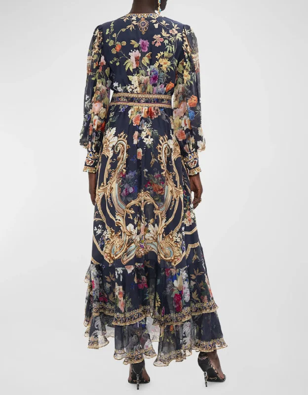 Elegant Style Camilla Women Play Your Cards Right Long Button-Front Tiered Silk Dress Multi