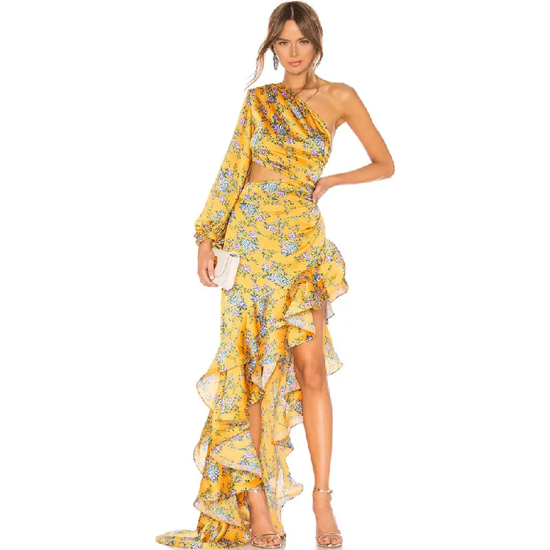 Women's Formal Event Attire Luxury One Shoulder Cutout Satin Ruffle Floral Evening Dress - Yellow