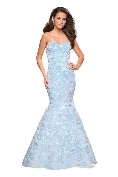 Women's Formal Apparel La Femme - Sweetheart Floral Jacquard Trumpet Gown 26975 - 1 pc Light Blue In Size 16 Available