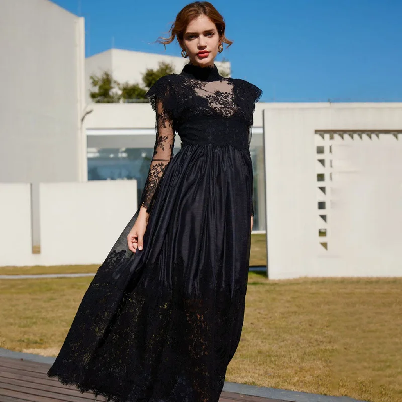 Women's Active Garments For Workouts Classy Sheer Floral Lace Mock Neck Long Sleeve A Line Gown Maxi Dress