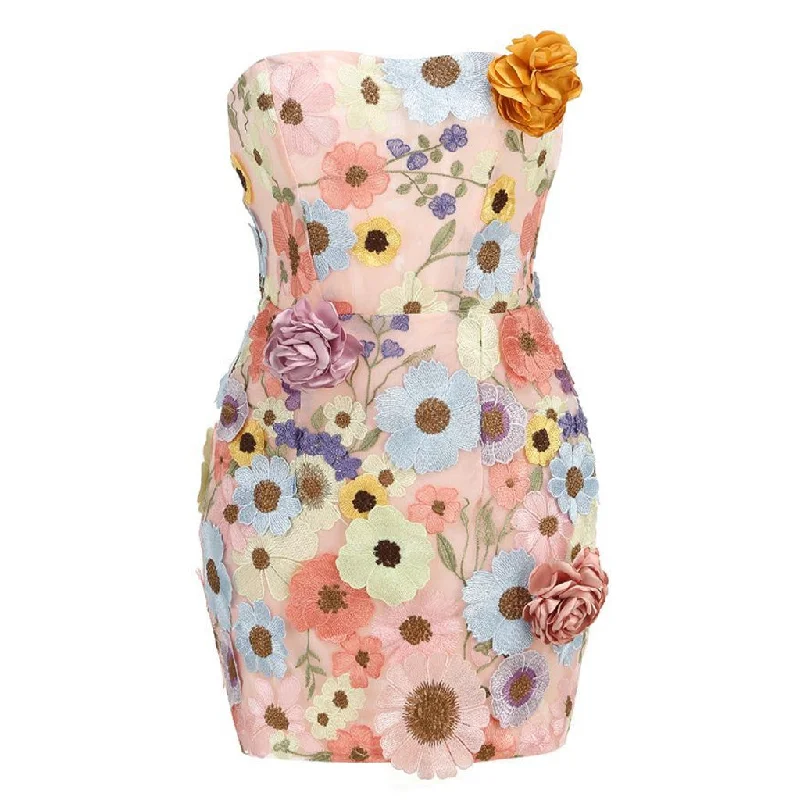 Women's Travel Garments Blooming Floral Embroidered Strapless Lace Up Back Mesh Rosette Mini Dress