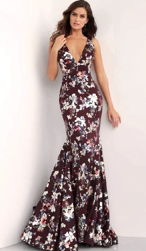 Women's Timeless Attire Jovani - Plunging V Neck Floral Print Evening Dress 67362 - 1 pc Burgundy/Multi-Color In Size 2 Available