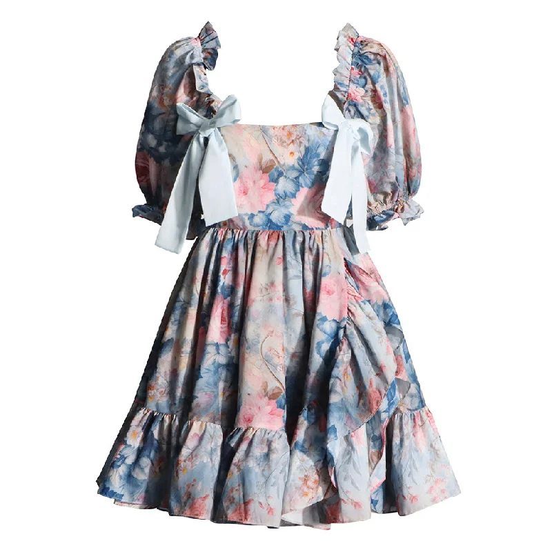 Chic Women's Garments Sweet Floral Print Square Neck Puff Sleeve Ruffle Flared Bow Trim Mini Dress