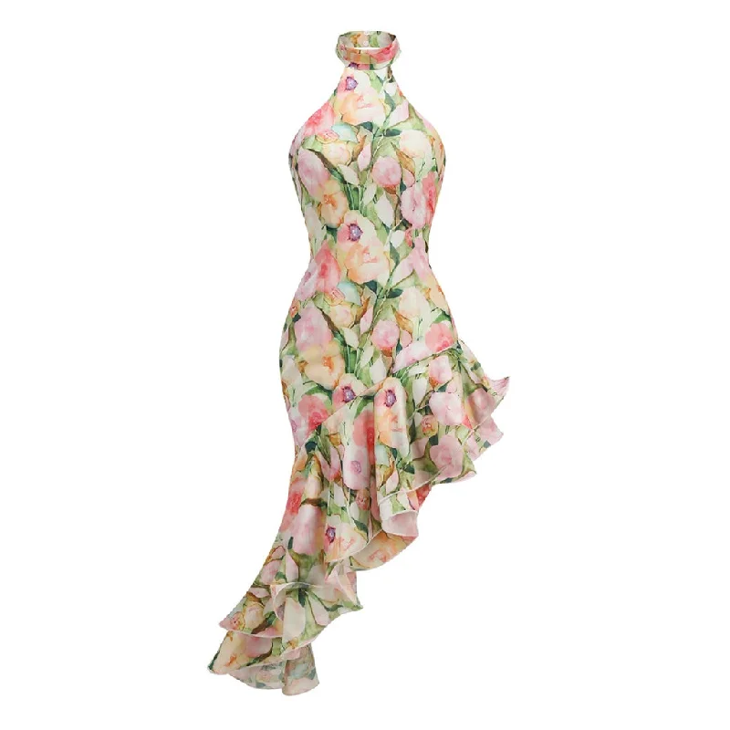 Stylish Women's Clothing Romantic Floral Print Halter High Neck Asymmetrical Tiered Ruffle Dress