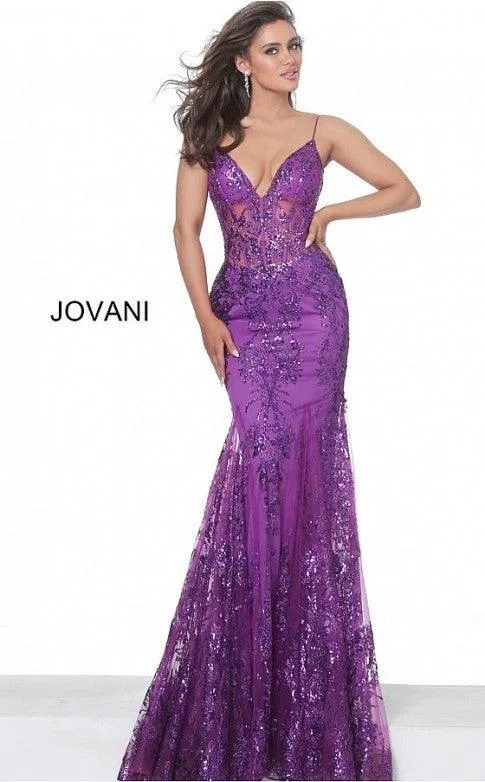 Luxury Women's Clothing Jovani 3675 Prom Long Spaghetti Straps Mermaid Gown Plum