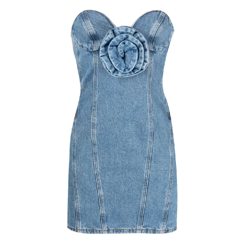 Women's Travel Attire Modern 3D Floral Rosette Detail Sweetheart Neck Strapless Denim Dress