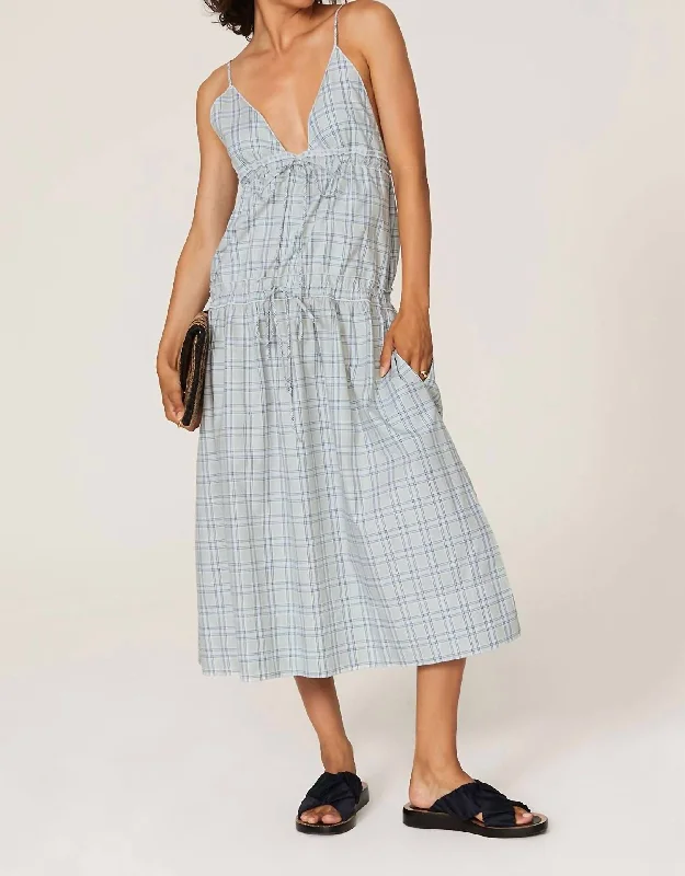 Luxury Women's Clothing Check Print Tie Dress In Blue