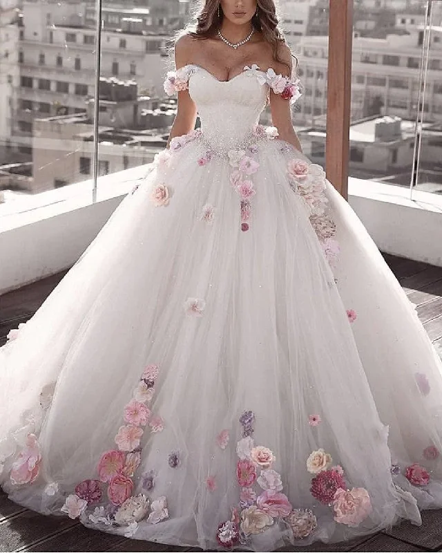 Minimalist Women's Fashion Clothing Off Shoulder Tulle Ball Gown Wedding Dresses Floral Flowers Beaded gh2191