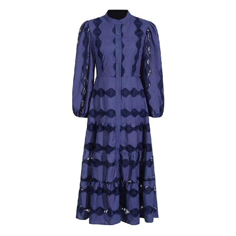 Women's Professional Garments Regal High Neck Blouson Sleeve Button Down Floral Embroidered Midi Dress