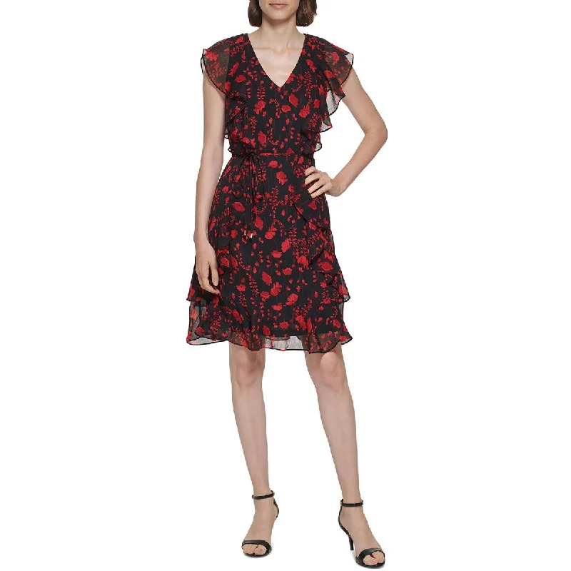 Women's Clothing for Every Occasion Tommy Hilfiger Womens Petites Chiffon Floral Fit & Flare Dress