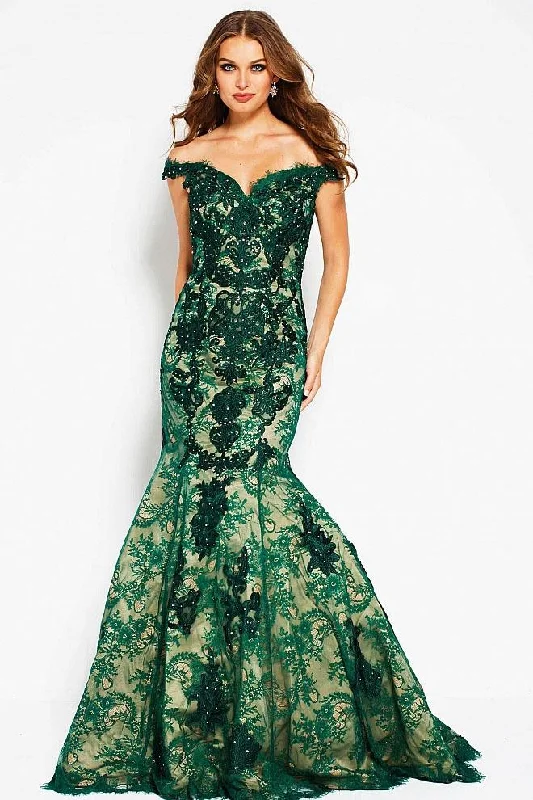 Women's Vacation Attire Jovani - Floral Embroidered Off Shoulder Mermaid Gown 54418