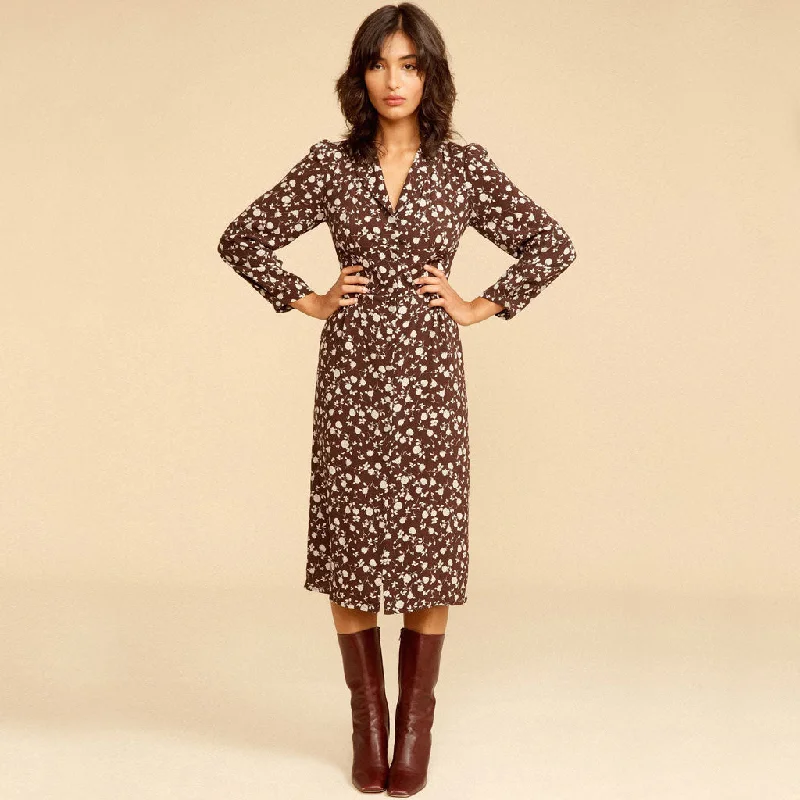 Fashionable Women's Casual Apparel Vintage Long Sleeve Button Front V Neck Midi Floral Dress - Coffee