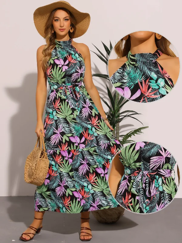 Women's Clothing For Outdoor Activities Floral Halter Neck Sleeveless Beach Maxi Tropical Dress