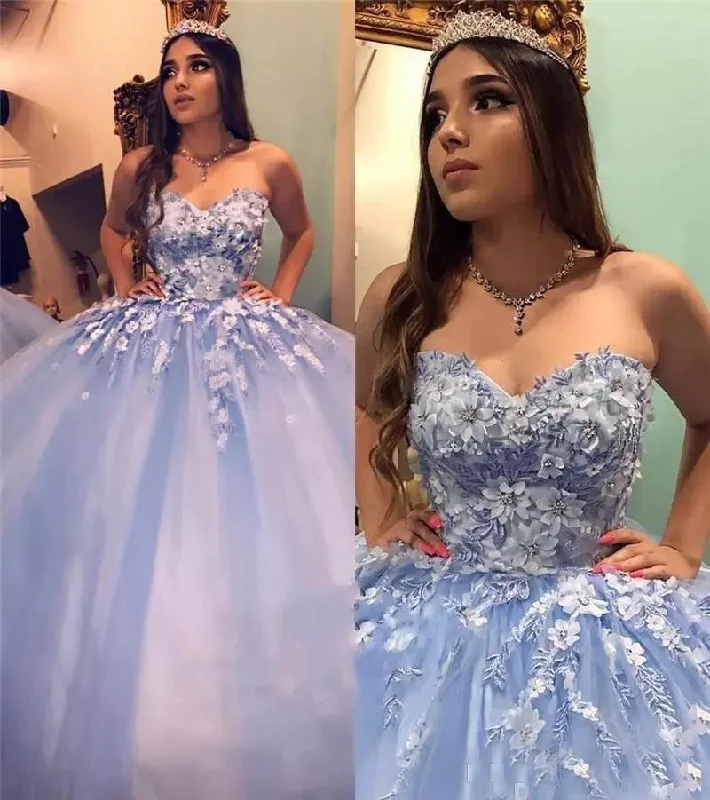 Women's Comfortable Lounge Garments Prom Dresses New Blue Quinceanera Dresses Ball Gown Sweetheart Lace Appliques Crystal Beaded 3D Floral Flowers Sweet 16 Party Prom Dress Evening Gowns  gh953