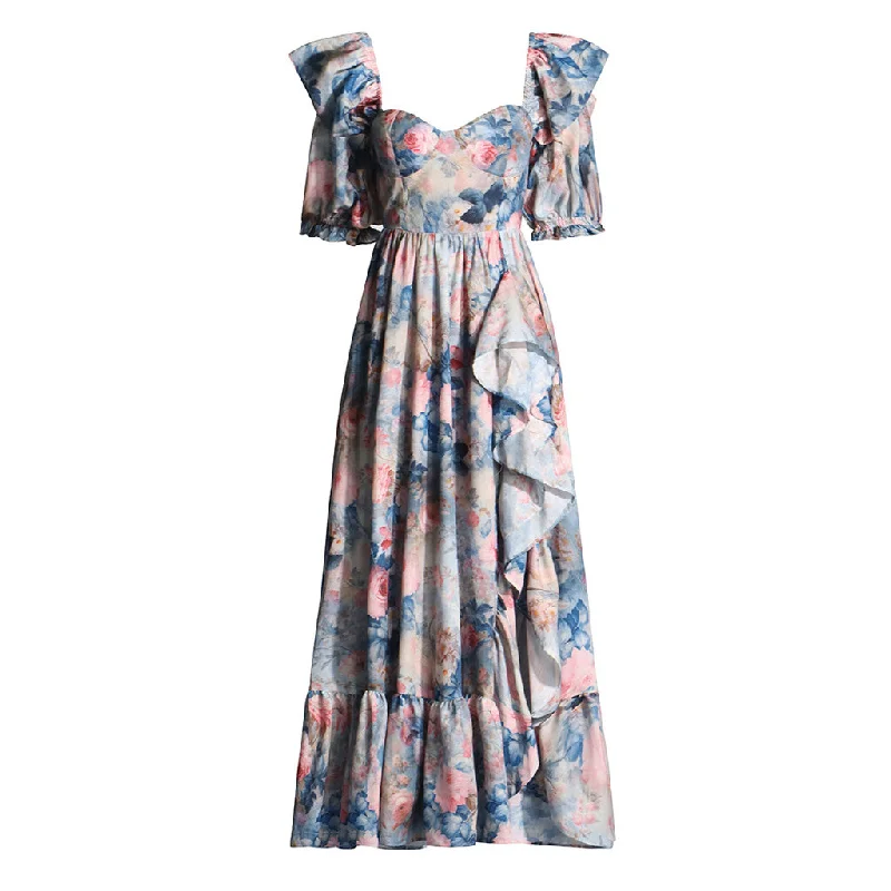 Affordable Women's Garments Vintage Floral Print Sweetheart Puff Sleeve Ruffle Split Maxi Vacation Dress