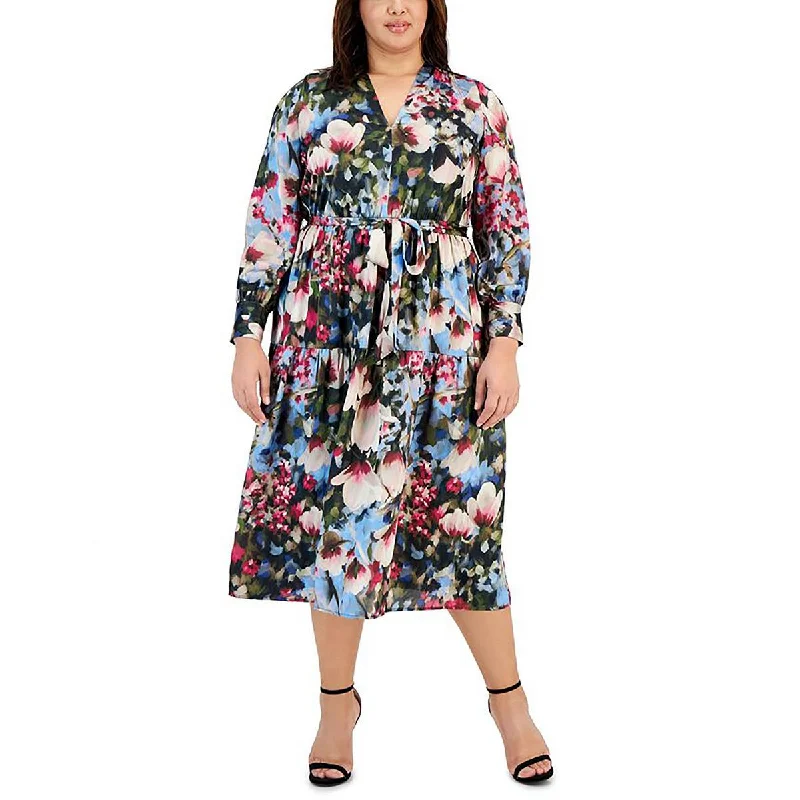 Women's Vacation Clothes Anne Klein Womens Plus Satin Floral Midi Dress