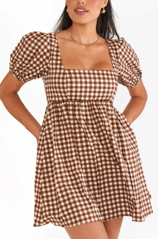 Women's Vintage-Inspired Outfit Smitten Babydoll Dress In Brown Gingham
