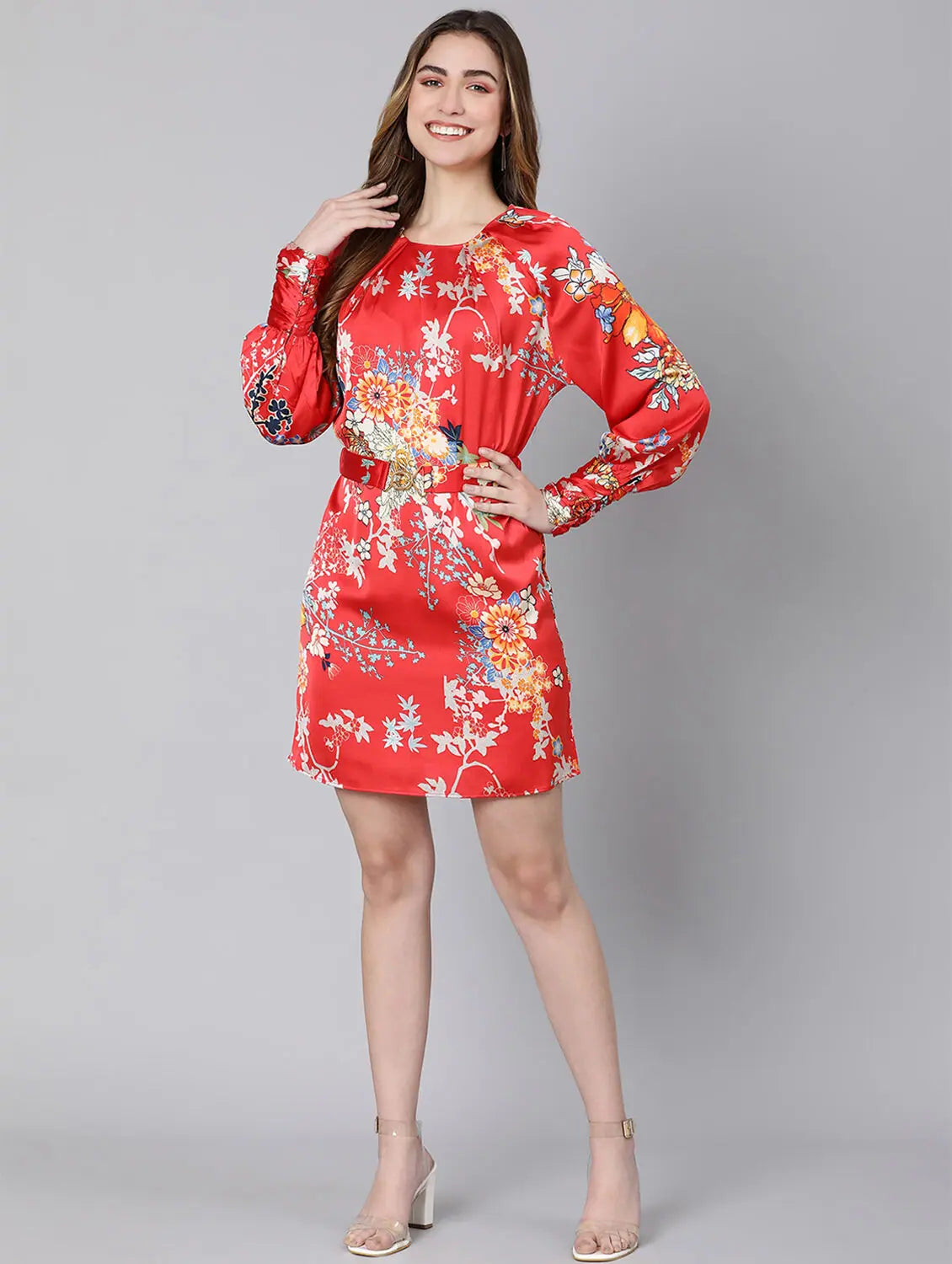 Stylish Women's Outfit Jazzy Red Florallactic Belted Women Dress