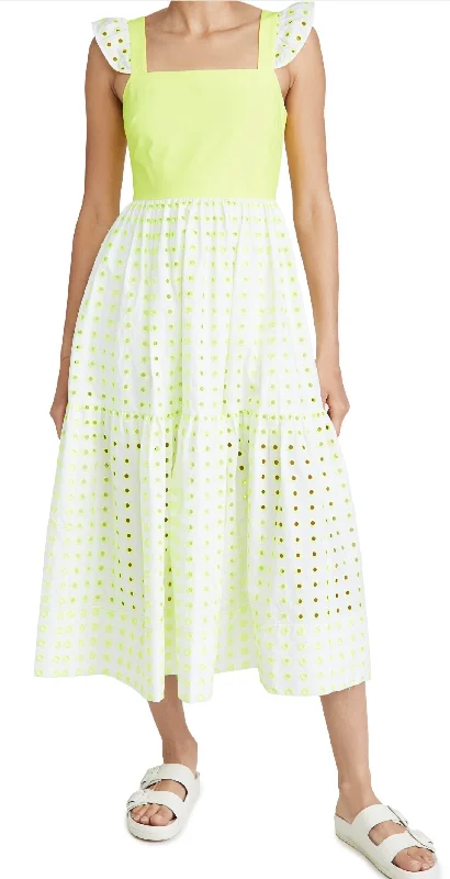 Trendy Styles Alilah Dress In White/neon Yellow Embroidered