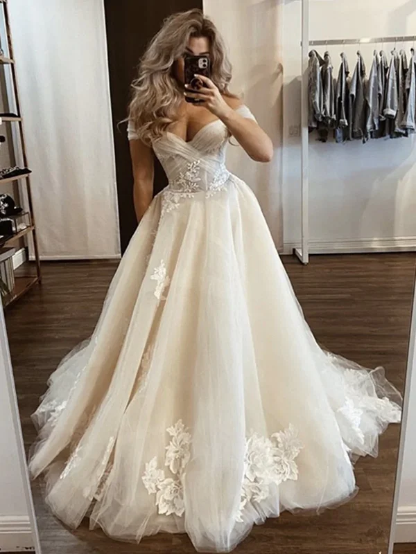 Comfortable Casual Wear Off The Shoulder Champagne Wedding Dresses, Off Shoulder Champagne Floral Prom Dresses gh2068