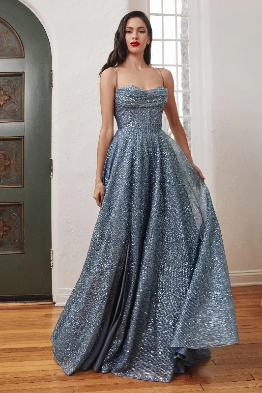 Women's Formal Event Outfit Cinderella Divine CD252 Sparkling Long Evening Prom Gown Smoky Blue