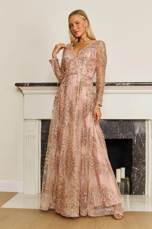 Women's High-Fashion Outfit Long Sleeve Formal Dress Evening Gown Rose Gold