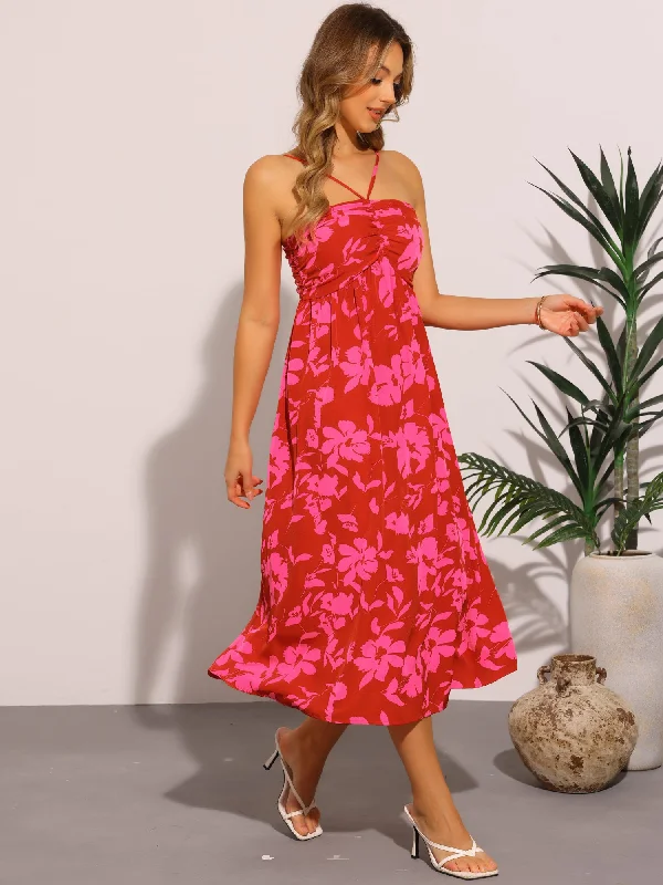 Women's Relaxed Clothes Casual Floral Smocked Sleeveless Beach Midi Dress