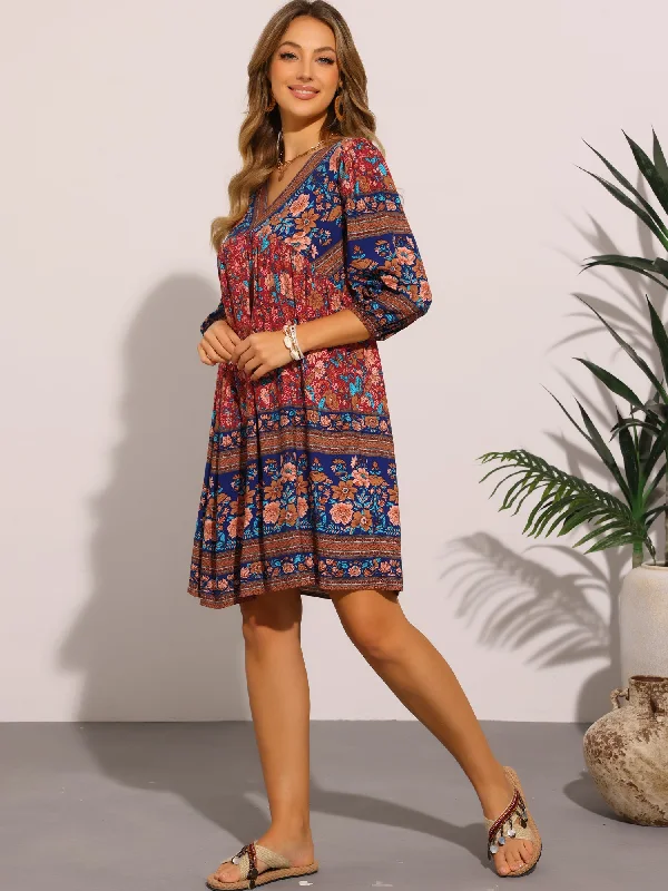 Vintage-Inspired Women's Clothes 3/4 Sleeve V Neck Floral Print Loose Casual Midi Dress