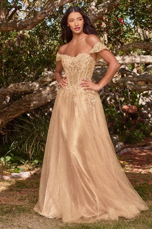 Women's Vacation Outfit Set Cinderella Divine CD0198 Off Shoulder Corset Long Prom Ball Gown Champagne Gold