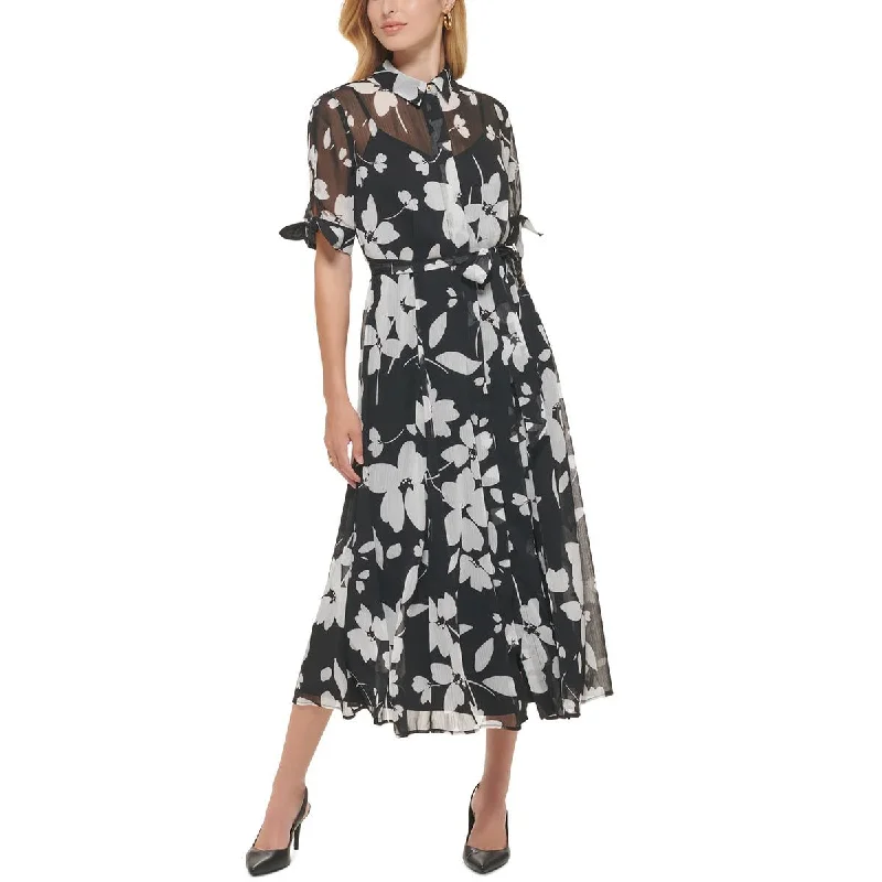 Women's Formal Event Outfit Calvin Klein Womens Petites Floral Print Chiffon Shirtdress