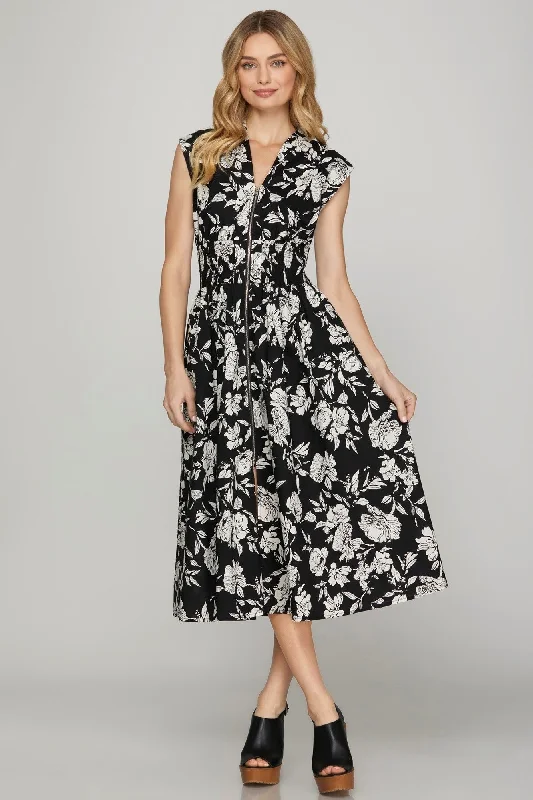 Women's Classic Outfit Floral Zipper Maxi Dress - Black