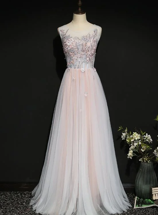 Casual Clothing For Women Light Pink Floral Tulle A-Line Prom Dress  Long Party Dress  gh401