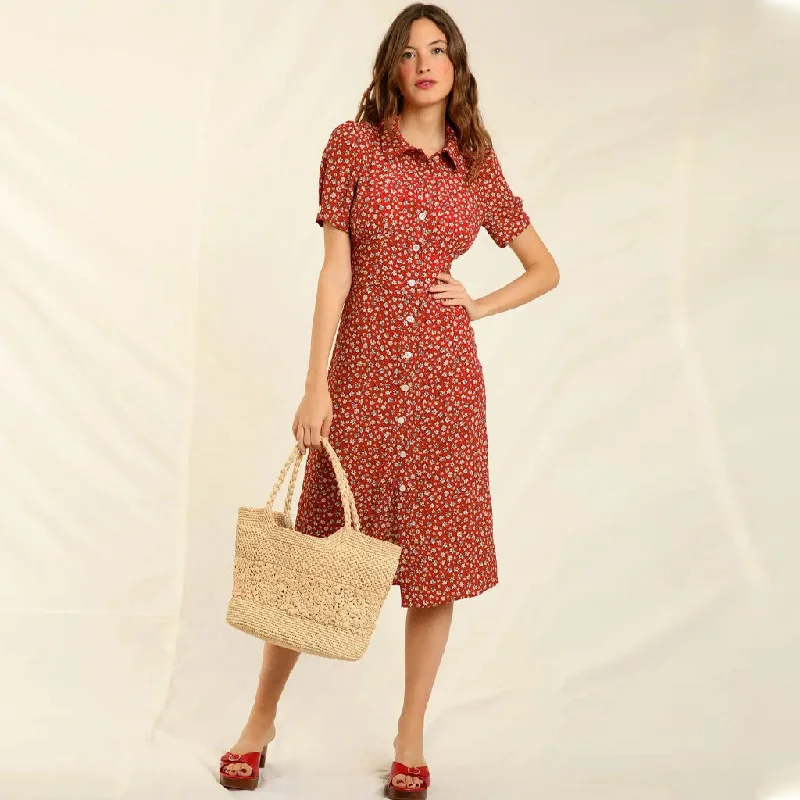 Women's Athletic Garments Vintage Floral Print Collared Button Up Short Sleeve Midi Dress - Red