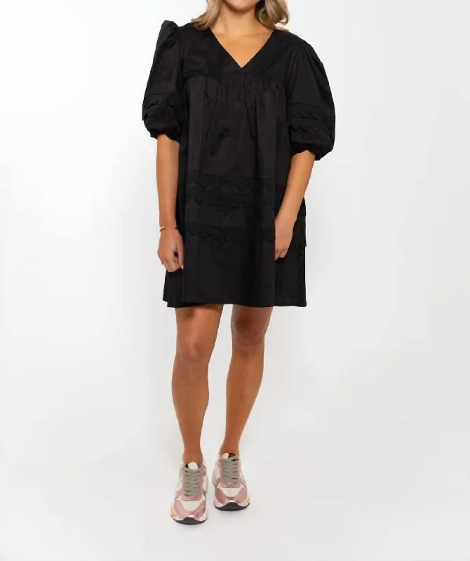 Fashion Essentials Poplin V-Neck Scallop Puff Dress In Black