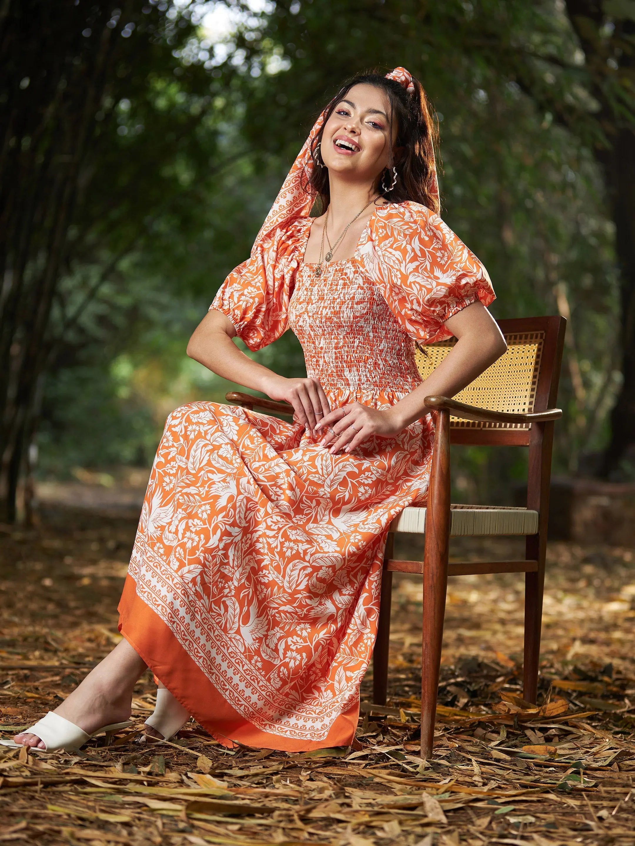 Fashion Women's Clothing Women Orange Floral Puff Sleeve A-Line Midi Dress