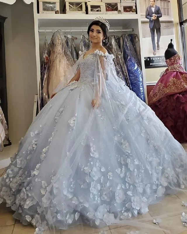 Stylish Women's Garments For Holidays Light blue long ball gown evening gown quinceanera dress off the shoulder floral sequin beads fluffy party princess sweet 16 dress gh976